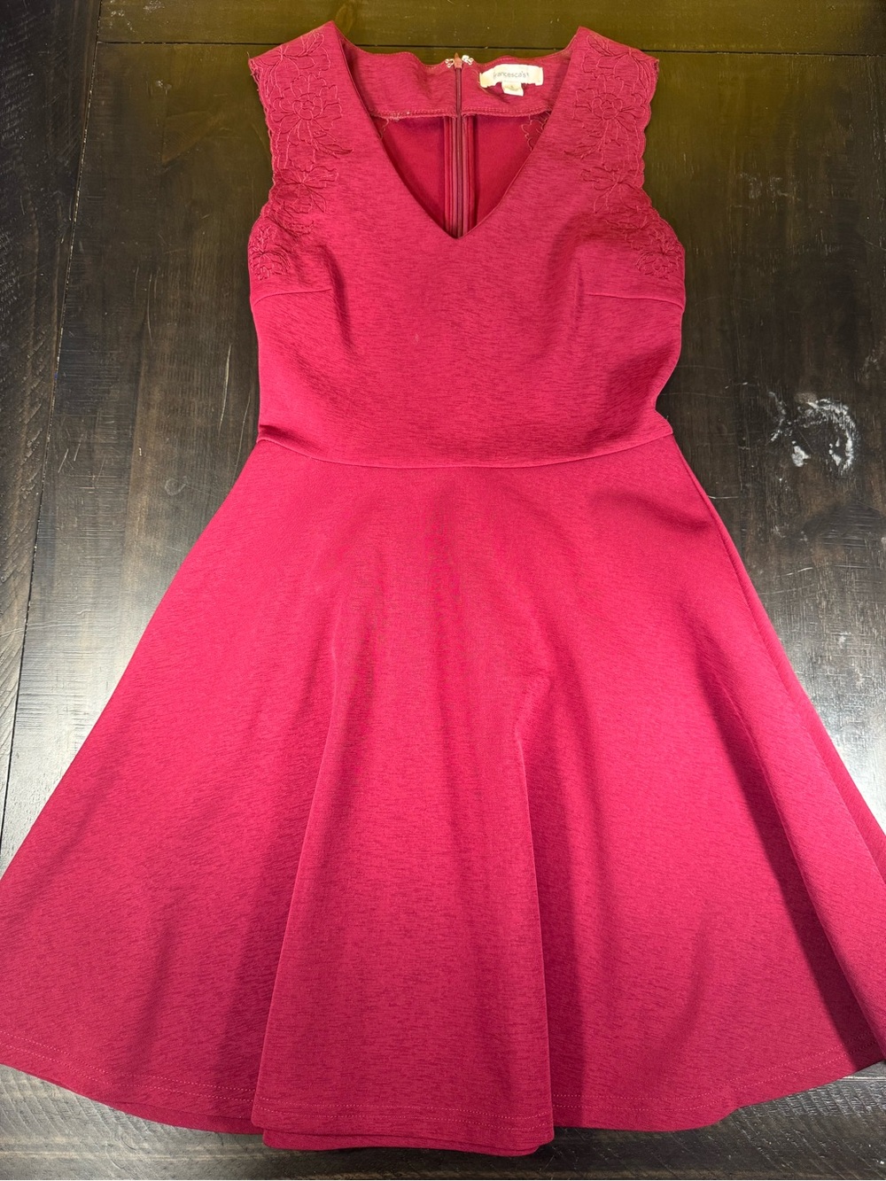 Francesca's Burgundy Floral Embroidered V-Neck Fit and Flare Skater Dress Small